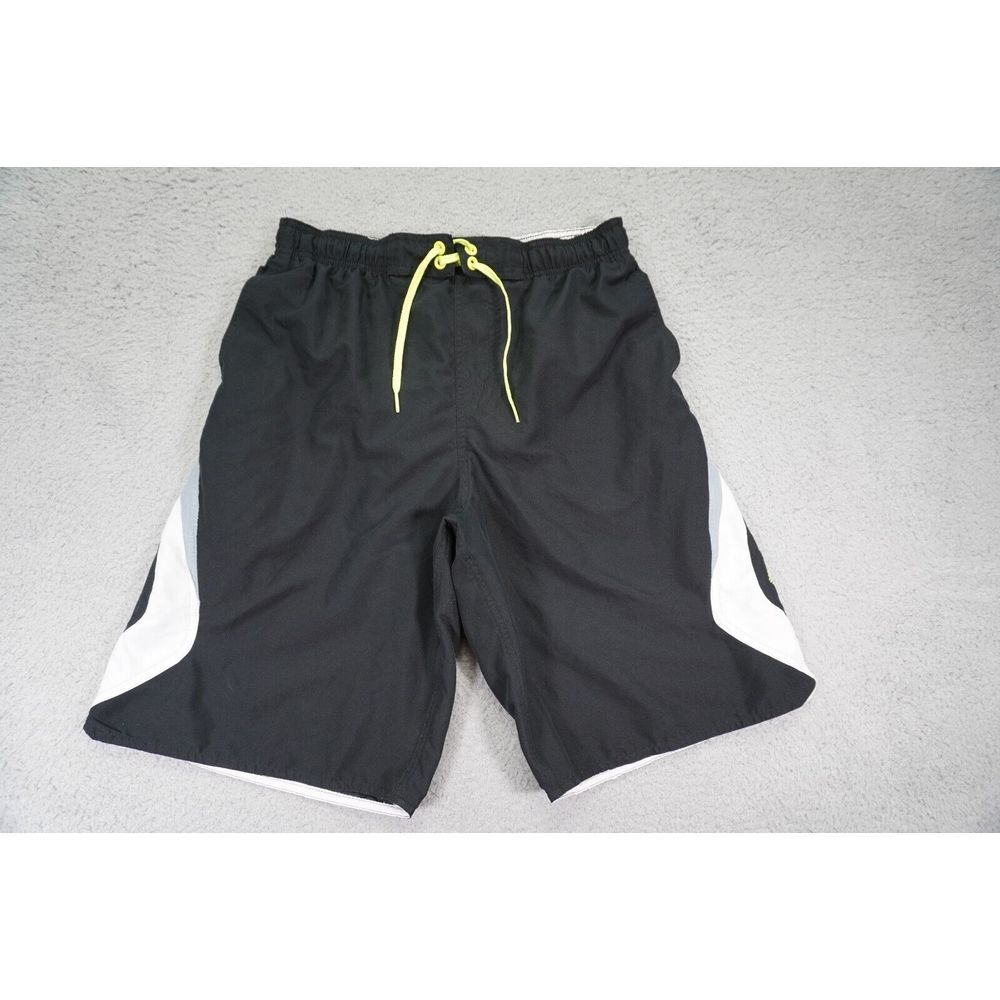 Nike Swim Trunks Mens Medium Black Green Lined Swoosh‎ Spell Out Drawstring